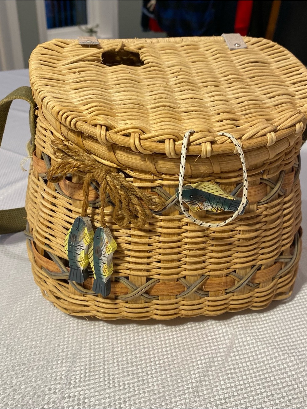 Woven Rattan Fishing Basket in Natural cottage core
